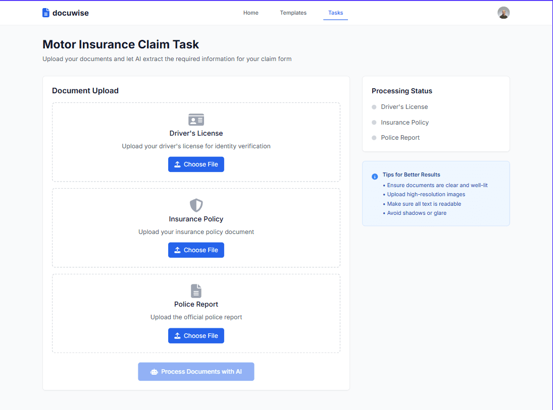 Document upload interface with OCR processing