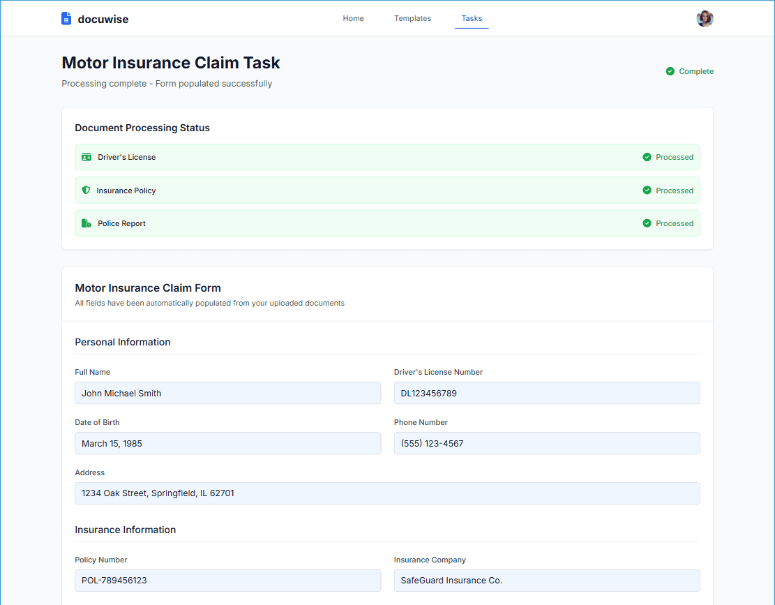 Auto-populated form with export options